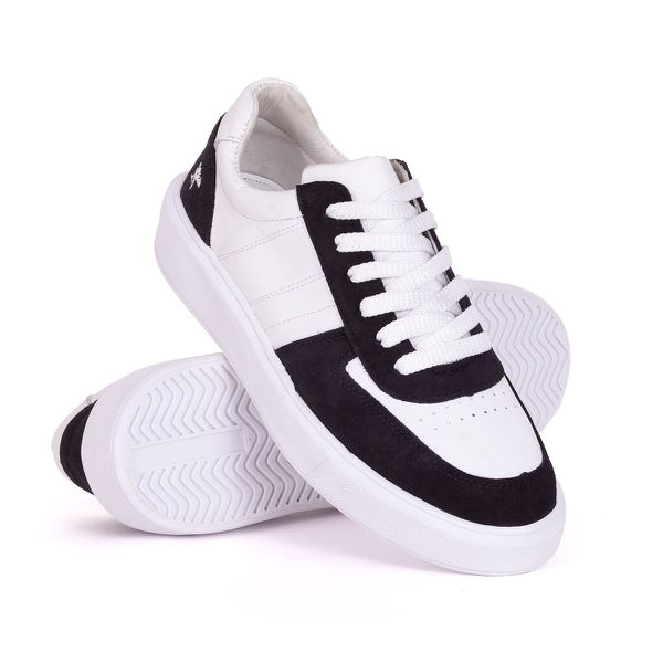 Tênis Casual Masculino Vancouver em Couro Branco Camurça Preta 6010