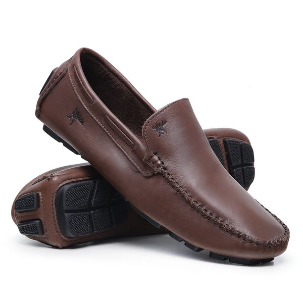 Mocassim Drive Liso Vancouver em Couro Café 046