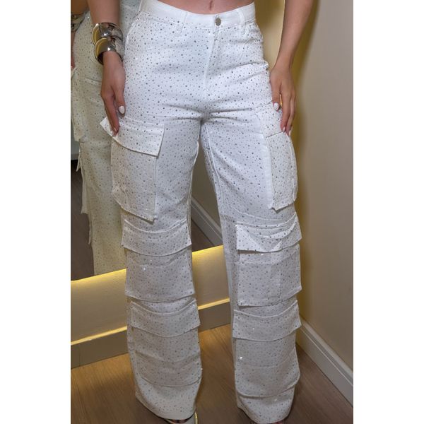 Calça cargo jeans com brilho