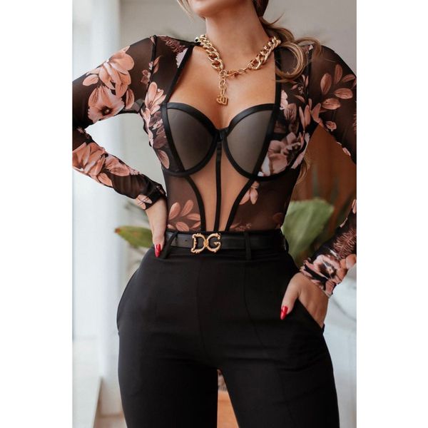 Body Manga Longa Corselet Floral