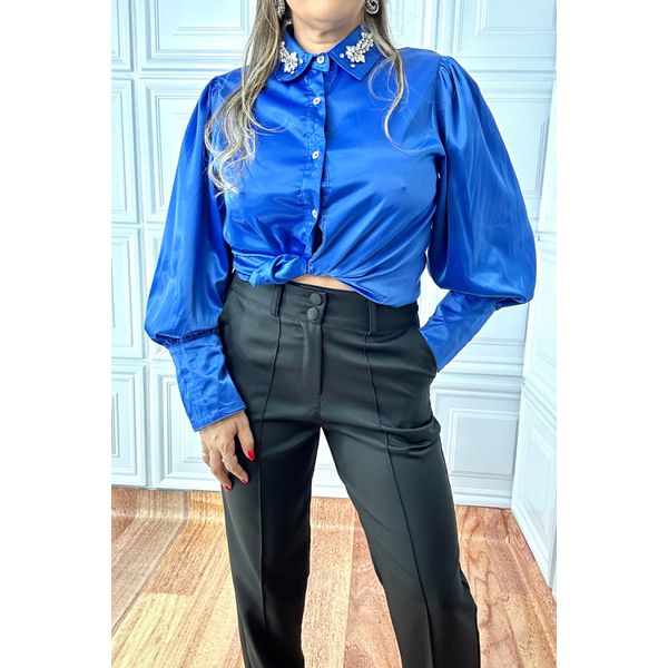 Camisa De Cetim Detalhe De Strass Azul