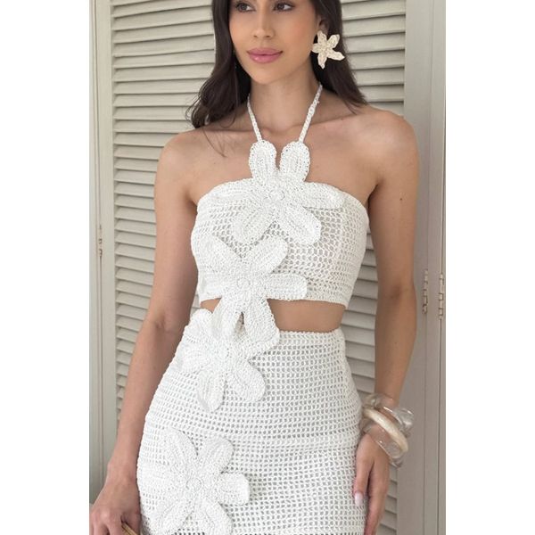 Conjunto de saia e Cropeed de crochê - Branco 