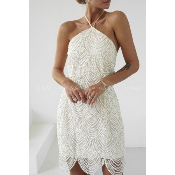 Vestido curto com pérolas - Branco