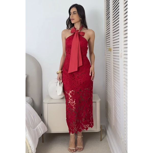 Vestido frente única de renda - vermelho