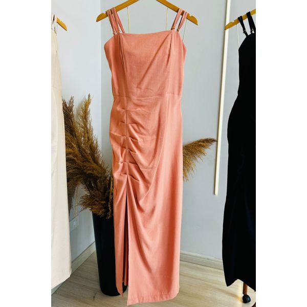  Vestido mídi de alcinha e fenda frontal - Salmão 