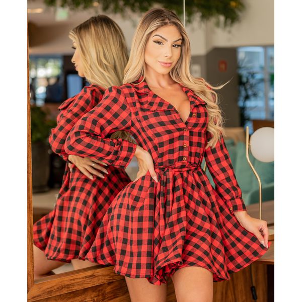 Vestido Chemisier Xadrez Vermelho e Preto - Verace Comfort Wear
