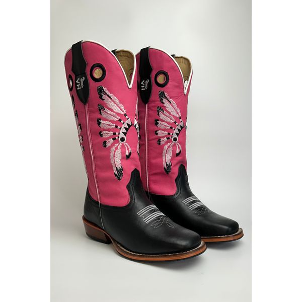 Bota Texana Masculina Bordado Cocar Country em Couro Legítimo Bico Quadrado Salto Carrapeta