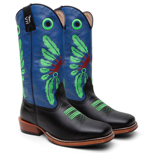 Bota Texana Masculina Bordado Cocar Country em Couro Legítimo Bico Quadrado Salto Carrapeta
