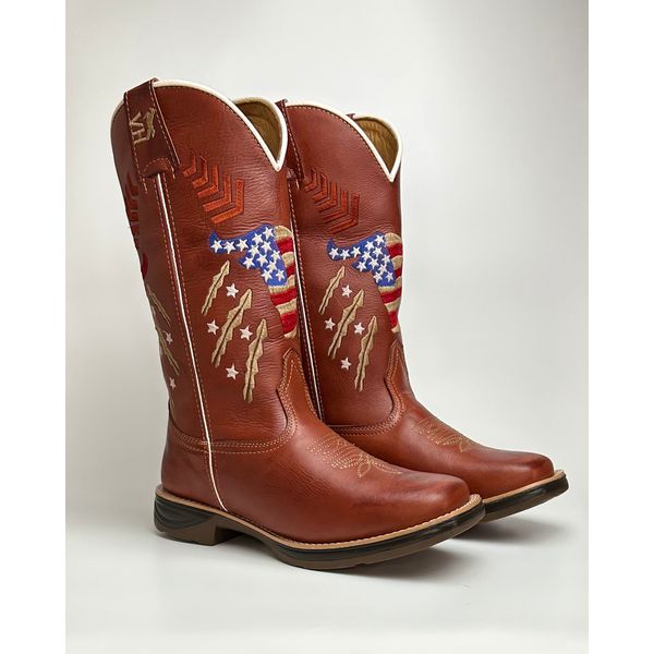 Bota Texana Masculina Bulls country em Couro Legítimo Bico Quadrado Sola Jhamp