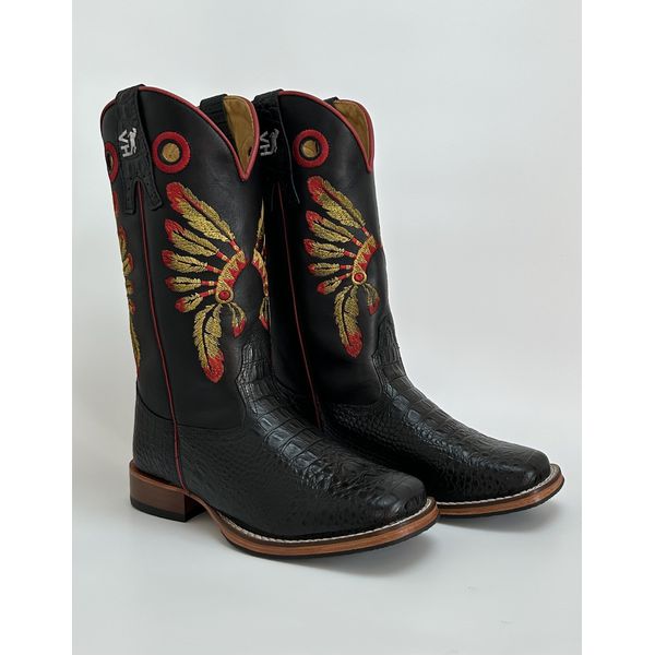 Bota Texana Masculina Bordado Cocar country em Couro legitimo Bico Quadrado Salto Reto
