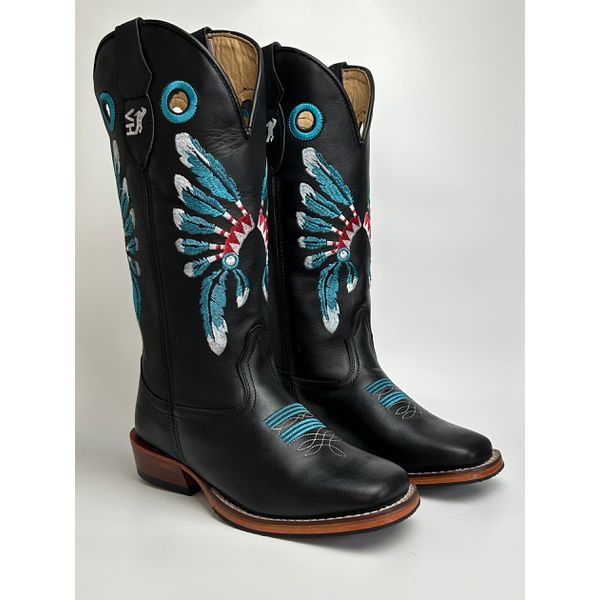 Bota Texana Masculina Bordado Cocar Country em Couro Legítimo Bico Quadrado Salto Carrapeta