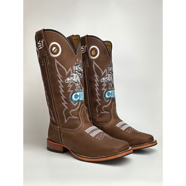 Bota Texana Masculina Country em Couro Legítimo Bico Quadrado Salto Reto