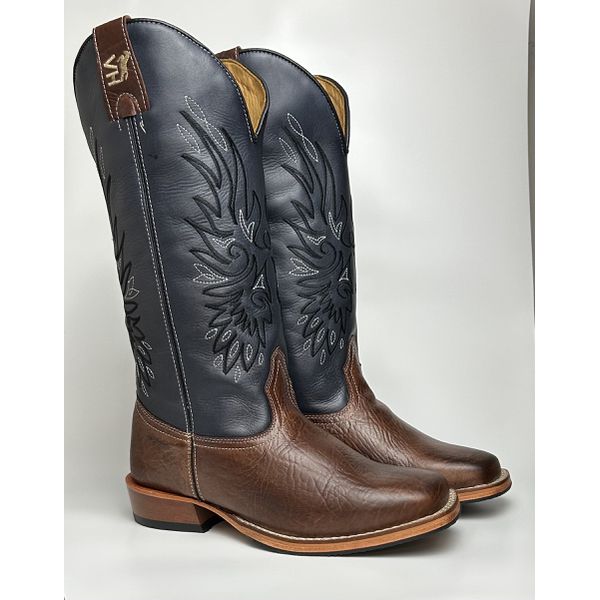 Bota Texana Masculina Couro de Cabeça Bordado Country em Couro Legítimo Bico Quadrado Salto Carrapeta