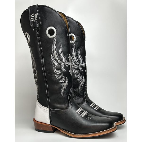  Bota Texana Masculina Bordado Cruz Country Couro Bovino Bico Quadrado Salto Carrapeta