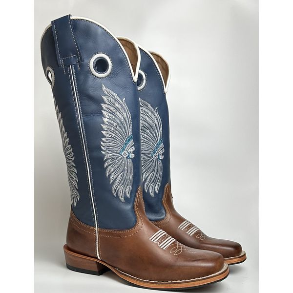 Bota Texana Masculina Bordado Indio Country em Couro Legítimo Bico Quadrado Salto Carrapeta