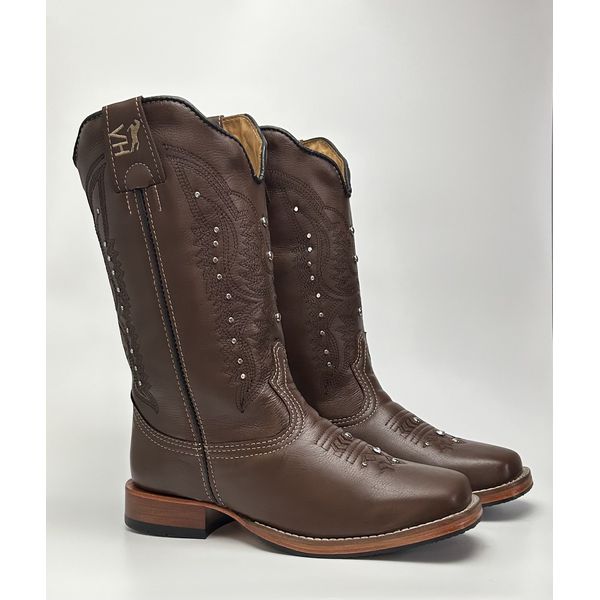 Bota Texana Feminina Couro Legitimo Country Girl Sola de Couro Bico Quadrado