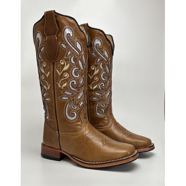 Bota Texana Feminina Country Couro Legítimo Confortável Corte Laser Com Brilho 