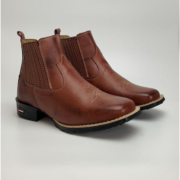 Botina Texana Masculina Country Solado Borracha Couro Legitimo Pinhão 