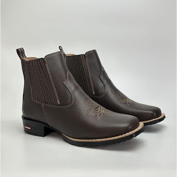 Botina Texana Masculina Country Solado Borracha Couro Legitimo Café 
