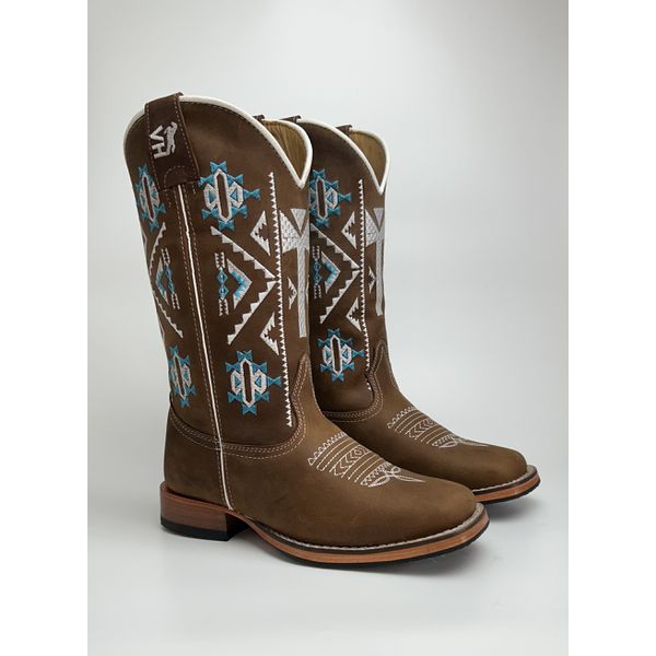 Bota Texana Feminina Country Em Couro Legitimo Bico Quadrado Solado De Couro