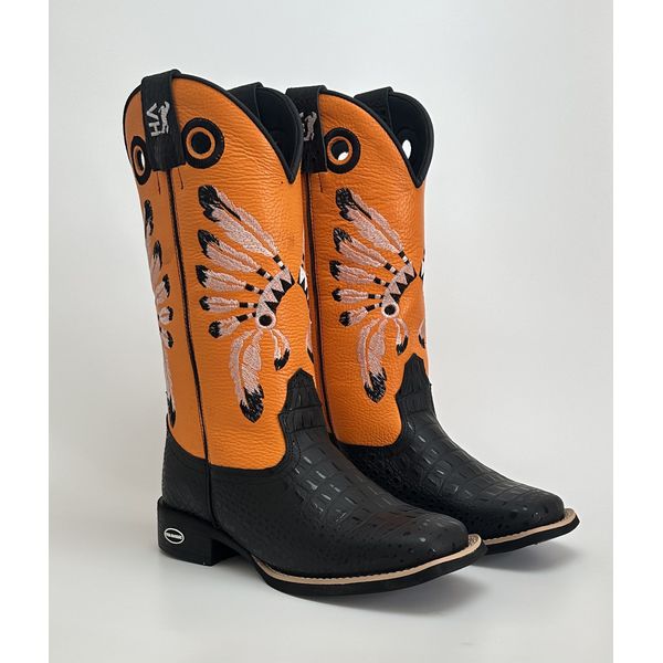 Bota Texana Masculina Bordado Cocar country em Couro legitimo Bico Quadrado Solado em Borracha 