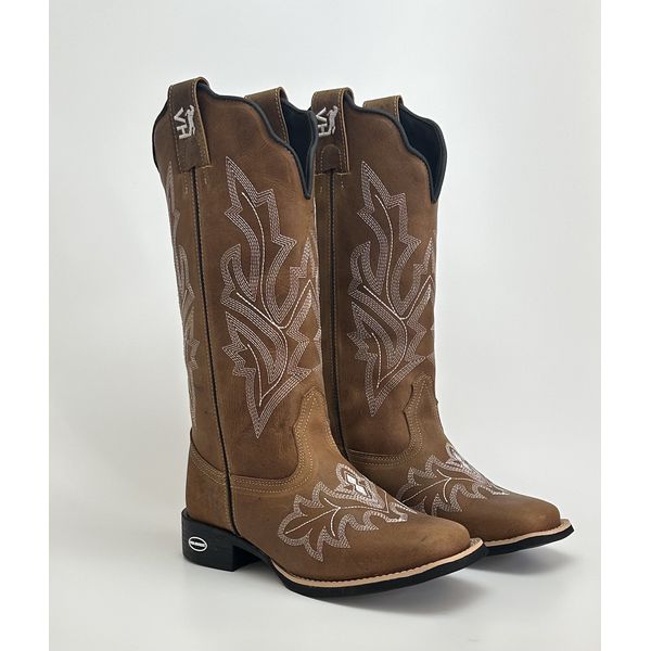 Bota Texana Feminina country em Couro legitimo Bico Quadrado Solado de Borracha 