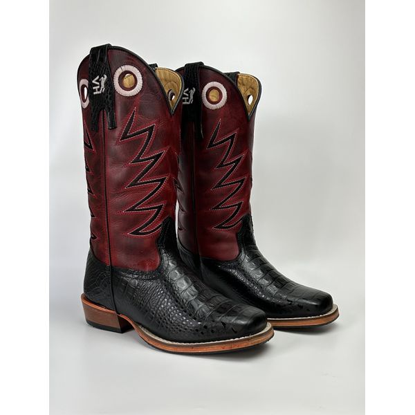 Bota Texana Masculina Bordado country em Couro legitimo Bico Quadrado Salto Carrapeta