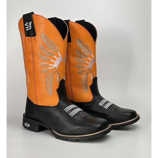 Bota Texana Country Índio Cocar 100% Couro Legitimo Sola de Borracha Bico Quadrado