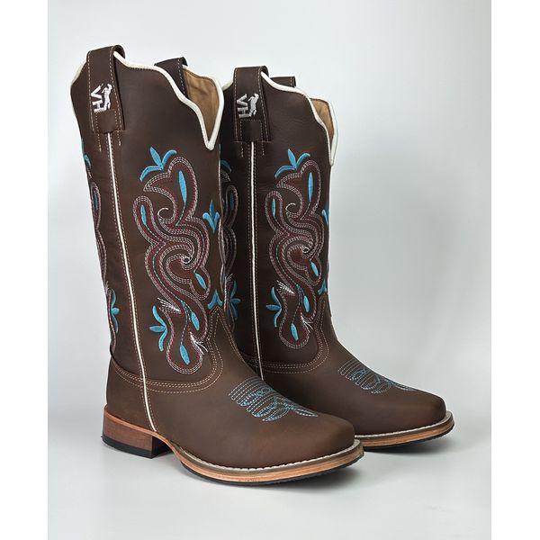 Bota Texana Feminina Crazy Horse Salto Madeira Bico Quadrado