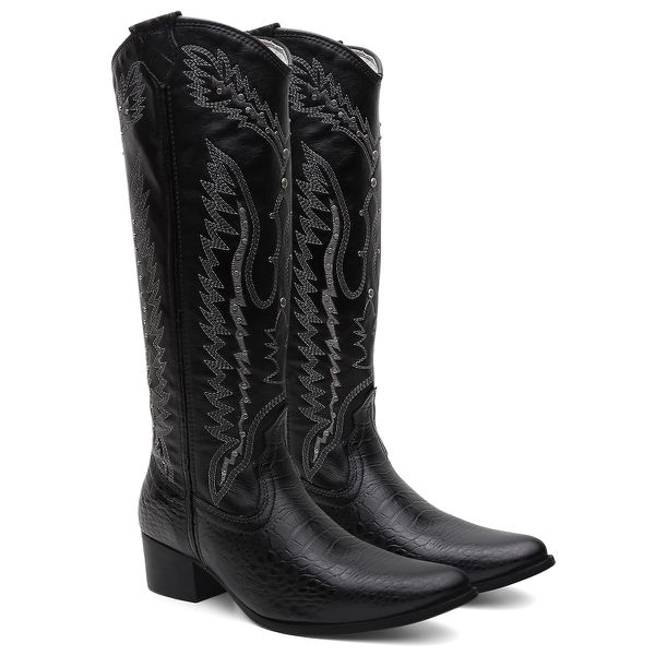 Bota Texana Feminina Preta Bico Fino em Couro Legítimo Bordada com Metais