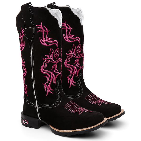 Bota Texana Feminina Country em Couro Legitimo Bico Quadrado Solado de Borracha