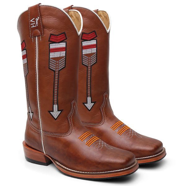 Bota Texana Masculina Bordado Flexa Country em Couro Legítimo Bico Quadrado Salto Carrapeta