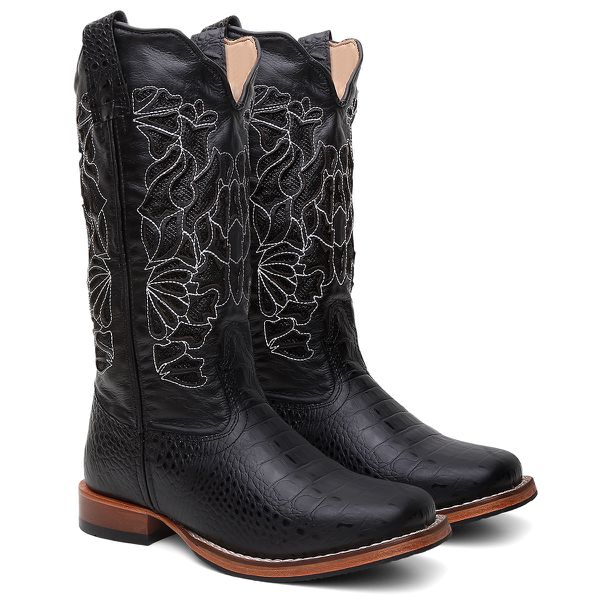 Bota Texana Feminina Laser country em Couro legitimo Bico Quadrado Solado de couro Salto reto 