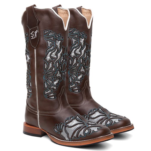 Bota Texana Feminina Laser e Glitter country em Couro legitimo Bico Quadrado Solado de couro Salto reto 