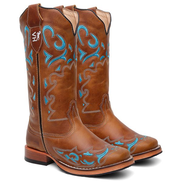Bota Texana Feminina country em Couro legitimo Bico Quadrado Solado de couro Salto reto 