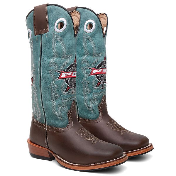 Bota Texana Masculina PBR country em Couro legitimo Bico Quadrado Salto Carrapeta 