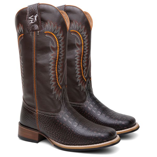Bota Texana Masculina Bordado country em Couro legitimo Bico Quadrado Salto Reto