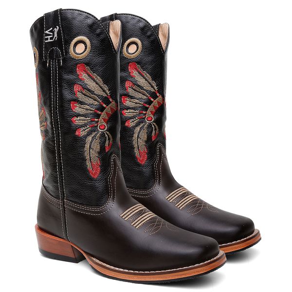 Bota Texana Masculina Bordado Cocar country em Couro legitimo Bico Quadrado Salto Carrapeta 