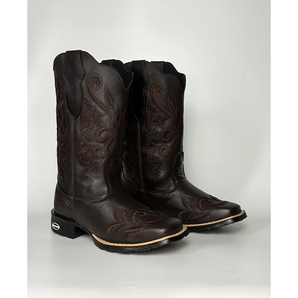 Bota Texana Feminina country em Couro legitimo Bico Quadrado Solado de Borracha