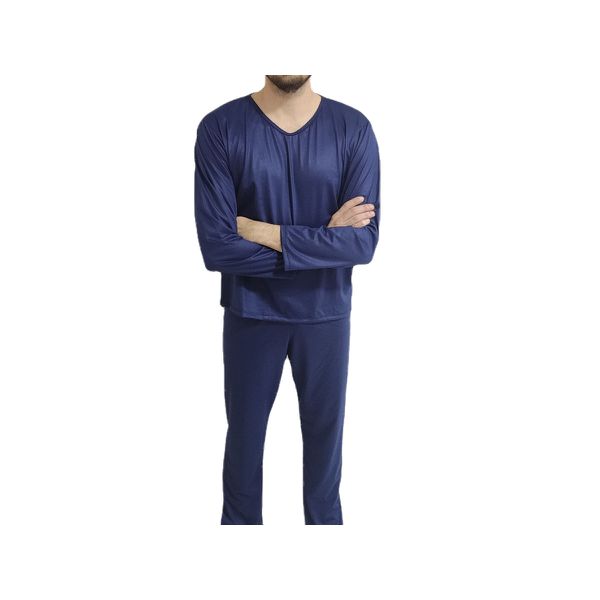 Conjunto Pijama de Frio Masculino Manga Longa Malha PV Azul