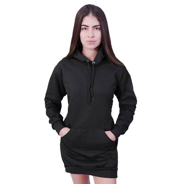 Vestido Moletom Feminino Com Bolso E Capuz Preto Via Tropical