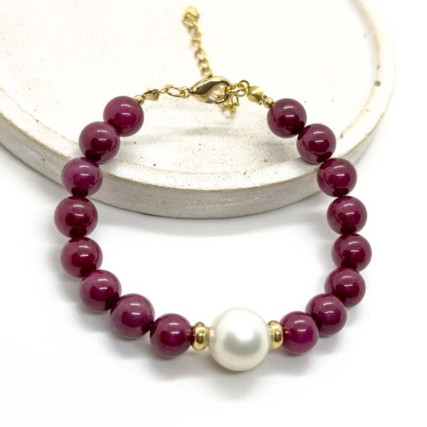 Pulseira Bolas Cherry Red com Pérola Banhada a Ouro