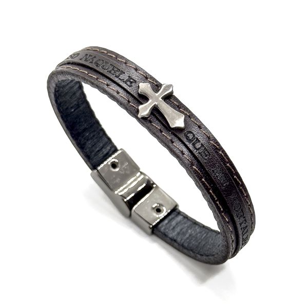 Pulseira Masculina Cruz Marrom Café em Couro Legítimo