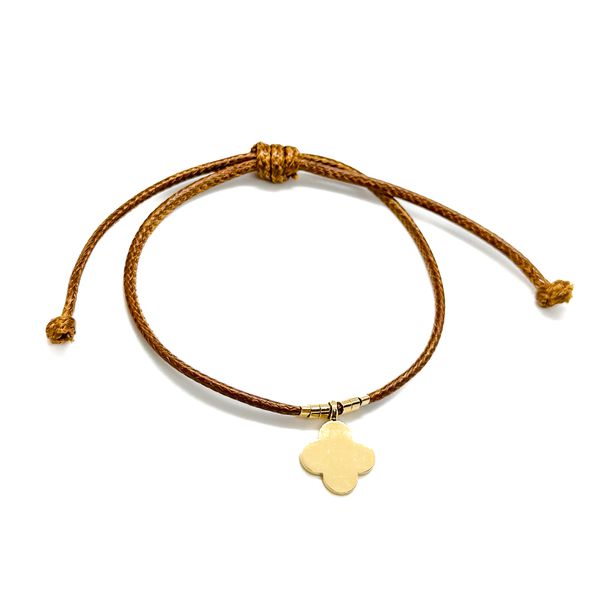 Pulseira Courinho Caramelo Trevo Banhado a Ouro