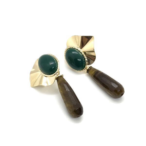 Brinco Olho de Tigre com Verde Banhado a Ouro