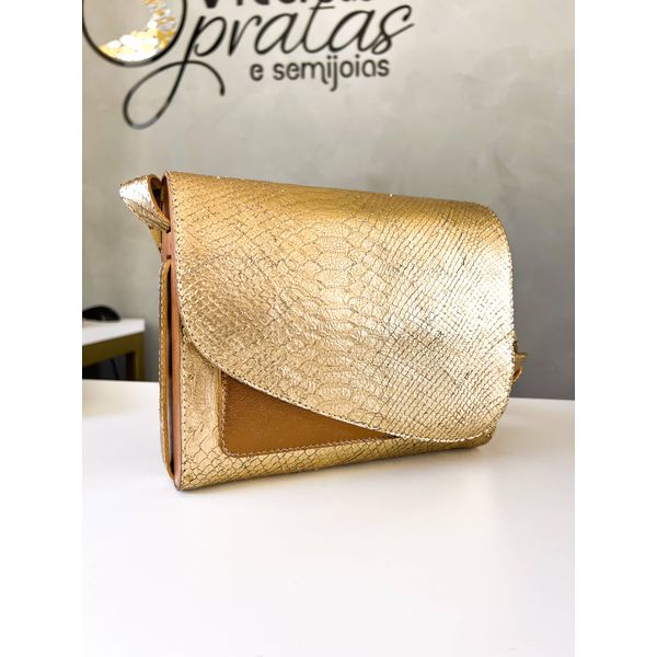 Bolsa Madeira Lateral Dourada Croco em Couro Legítimo