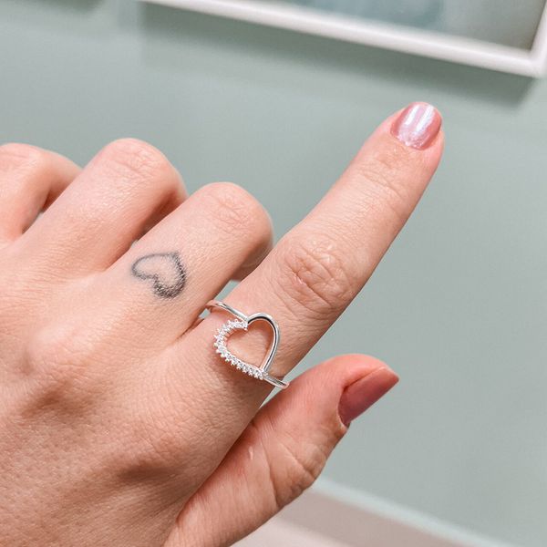 Anel Coração Liso e Cravejado Cristal Vazado Prata 925 