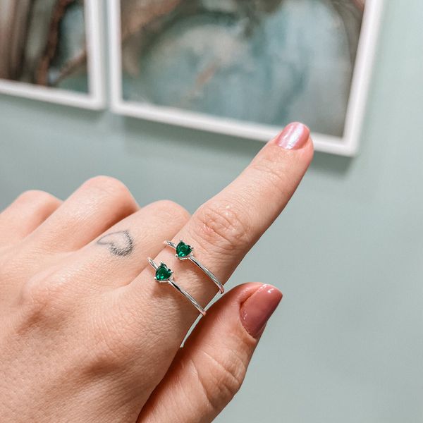 Anel Solitario Coração Verde Esmeralda Prata 925 