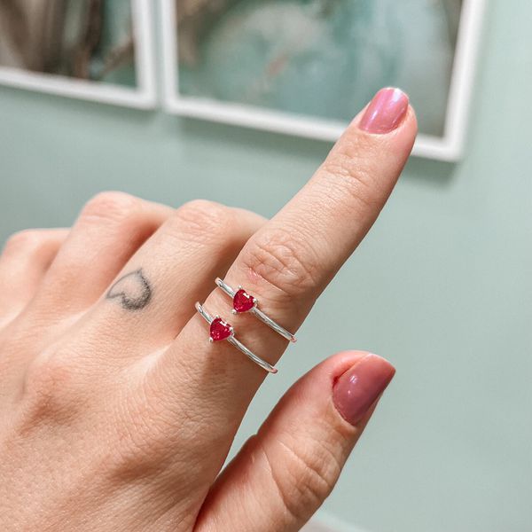 Anel Solitario Coração Rosa Pink Prata 925 