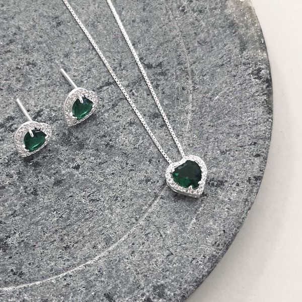 Conjunto Coração Cravejado Verde Prata 925